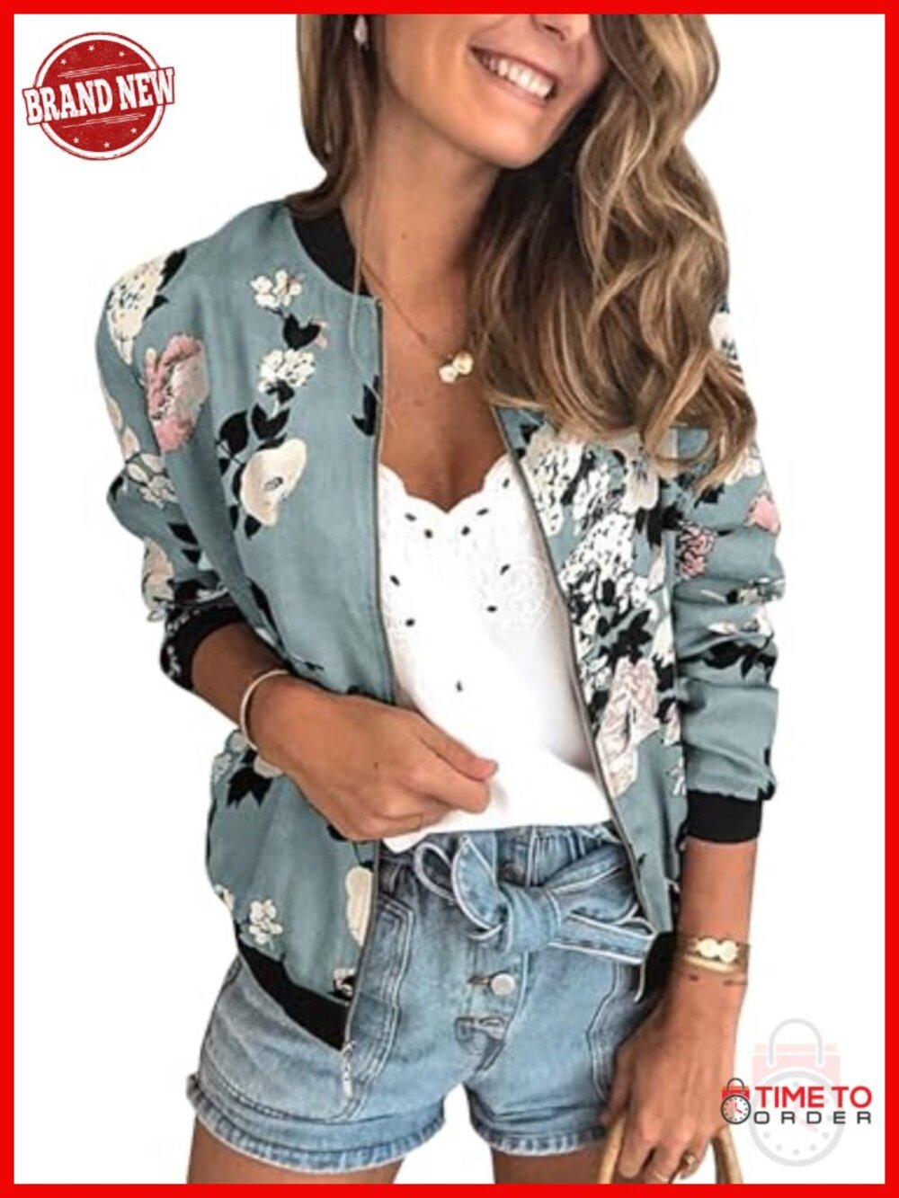 Lightweight Floral Zip Up Bomber Jacket Casual Outwear with Pockets No Hood